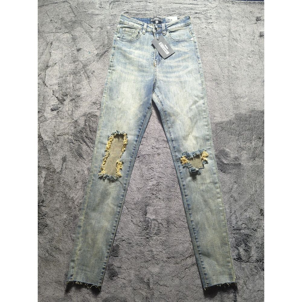 NWT Missguided Sinner Skinny Distressed Jeans Raw Hem Womens Size 0 Medium Wash